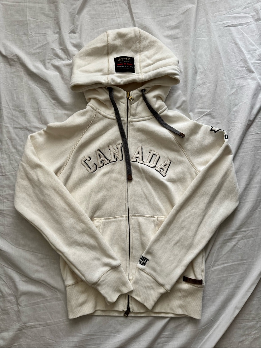 Vintage Roots Canada Full Zip Hoodie XS Made in Canada Cream Embroidered Logo